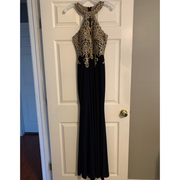 metallic lace and jersey round neck halter gown